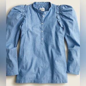 J Crew Puff Sleeve Top Size Small Blue Chambray Ruffle Cottagecore Boho Western‎